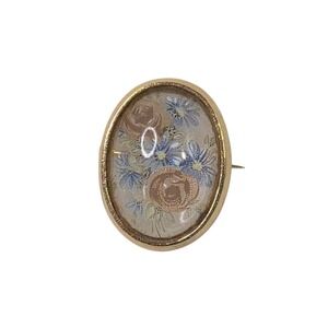 Vintage Glass cabochon Rose Floral Brooch Pin Gold Tone Oval Victorian